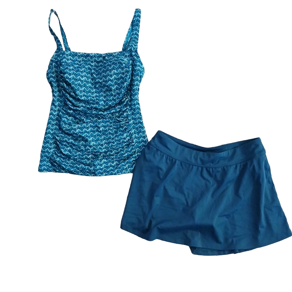 L.L. Bean Teal Chevron Patterned Two Piece Swimwear Tankini And Skort